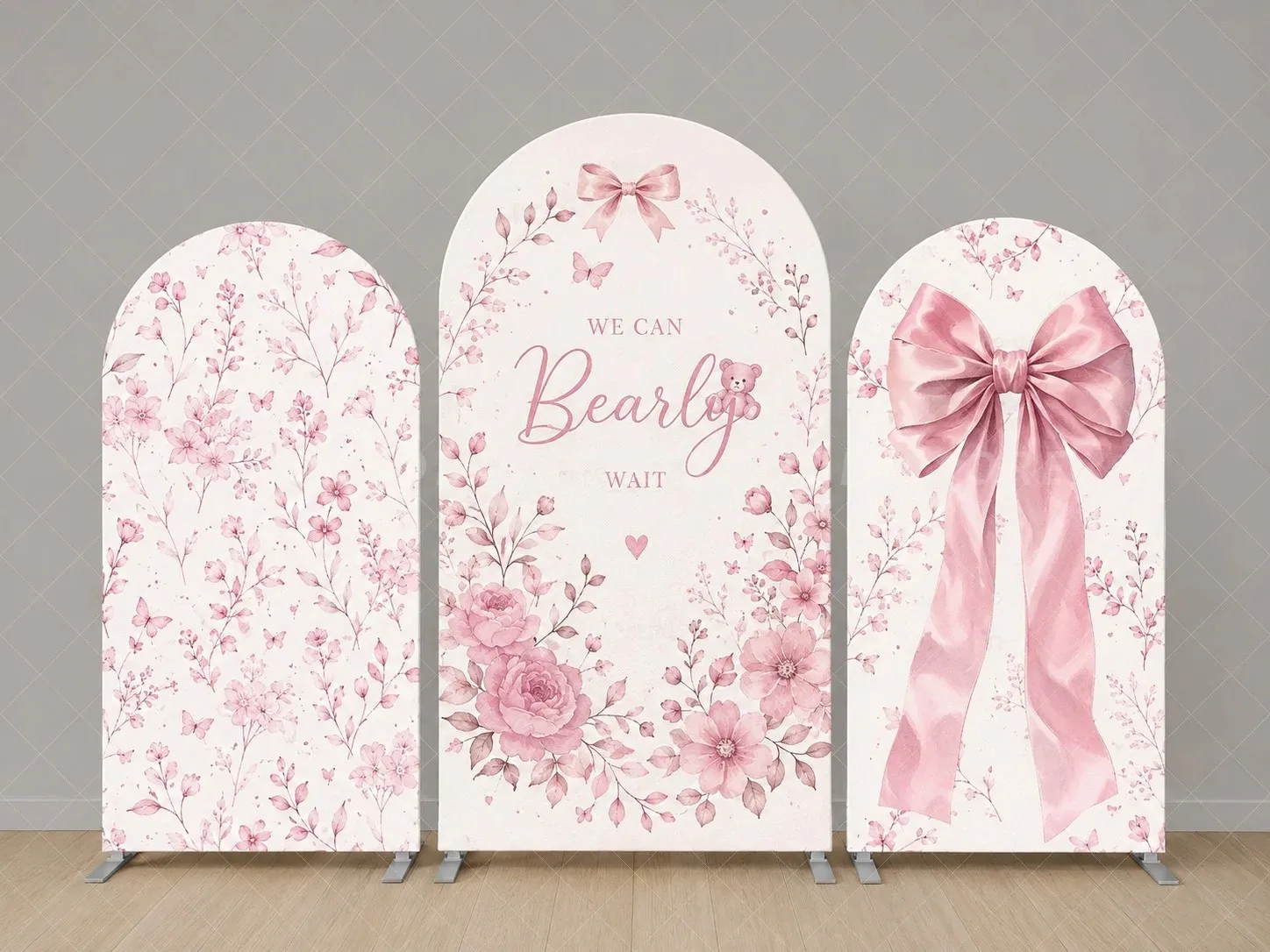We Can Bearly Wait Arch Backdrop Cover Pink Floral Teddy Bear Bow Three Panel Baby Shower Gender Reveal  Background