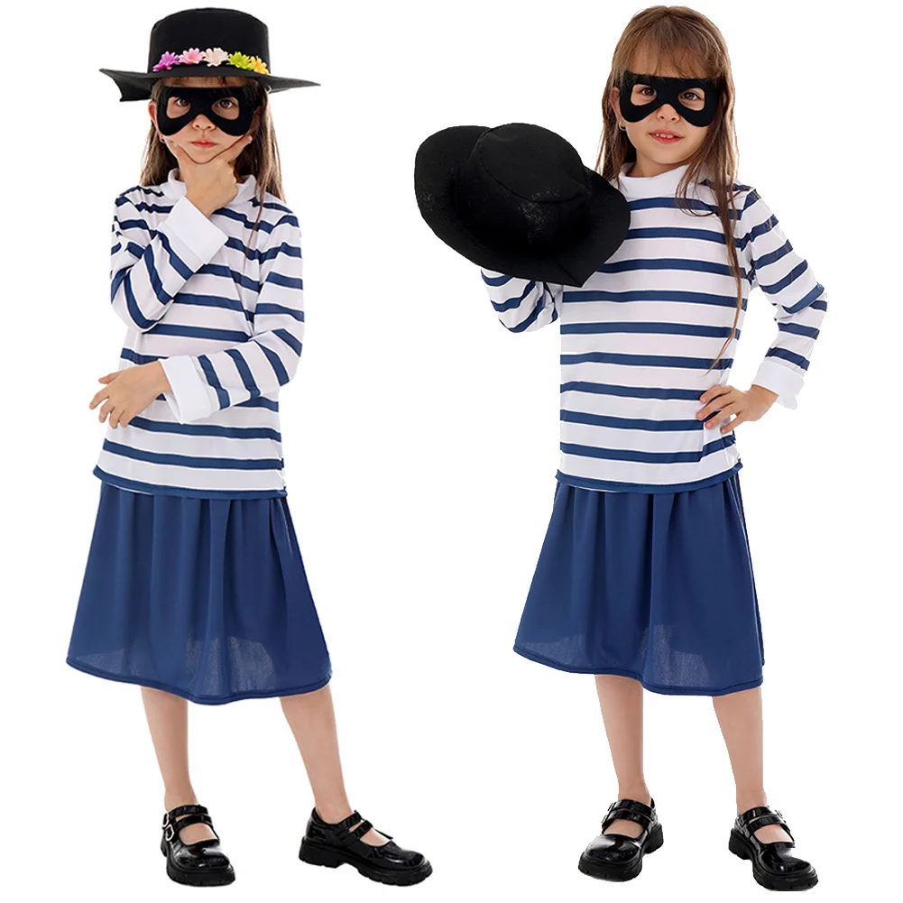 Cartoon Burglar Bill Wife Stripe Shirt Skirt Hat Glasses Cospaly Costume Outfit Kis Girls Child World Book Day Clothes Halloween