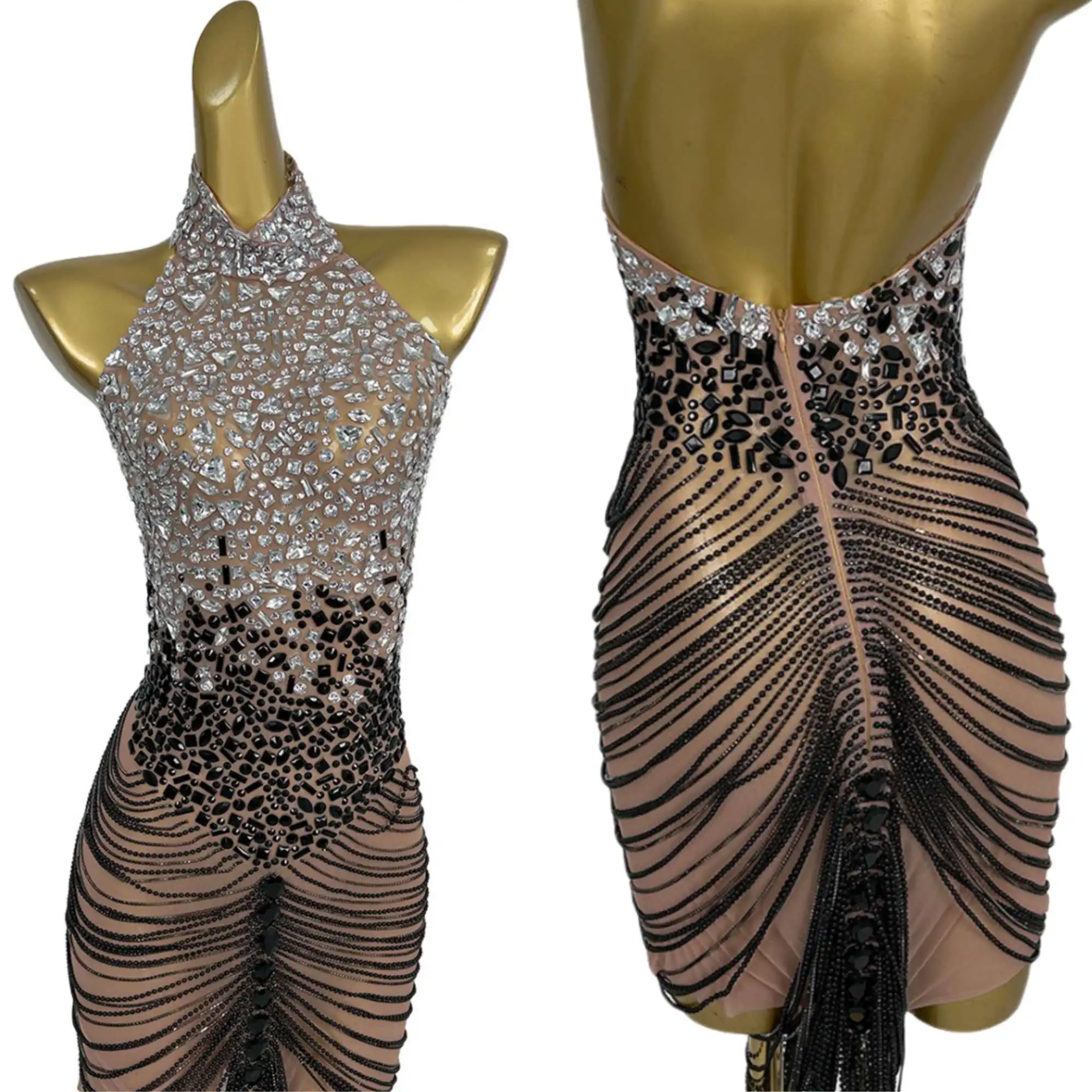 

Shining Rhinestone Hanging Neck Bareback Sexy Mini Dress Bar Party See Through Mesh Dress Club Stage Performance Costume Diandao