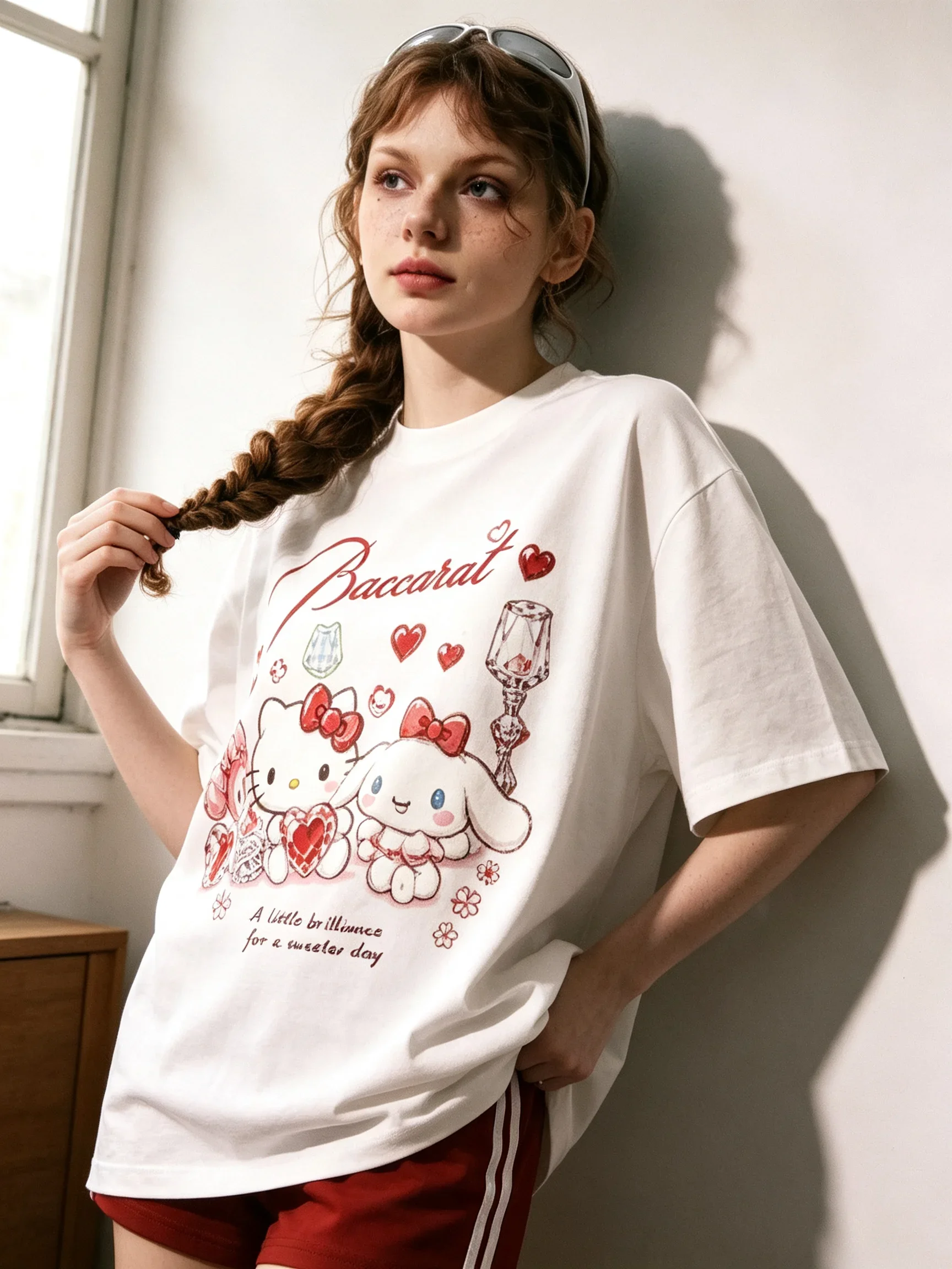 Unisex Men's Women's Sanrio Hello Kitty Crystal Ruby Heart Graphic Print T Shirt Black Luxury Streetwear Short Sleeve Top