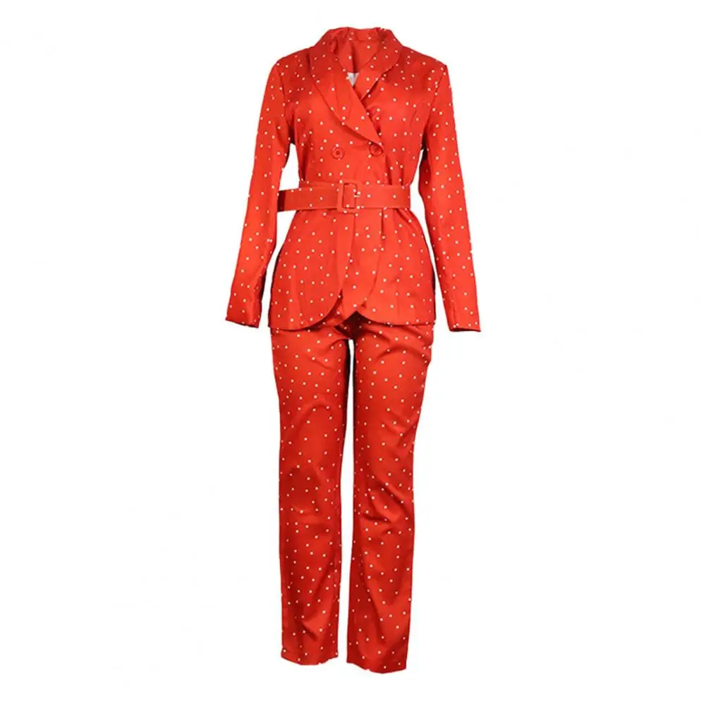 Autumn Women Suit Formal Business Style Women's Coat Pants Set with Belted Tight Waist Long Sleeve V Neck Dot Print for Ol