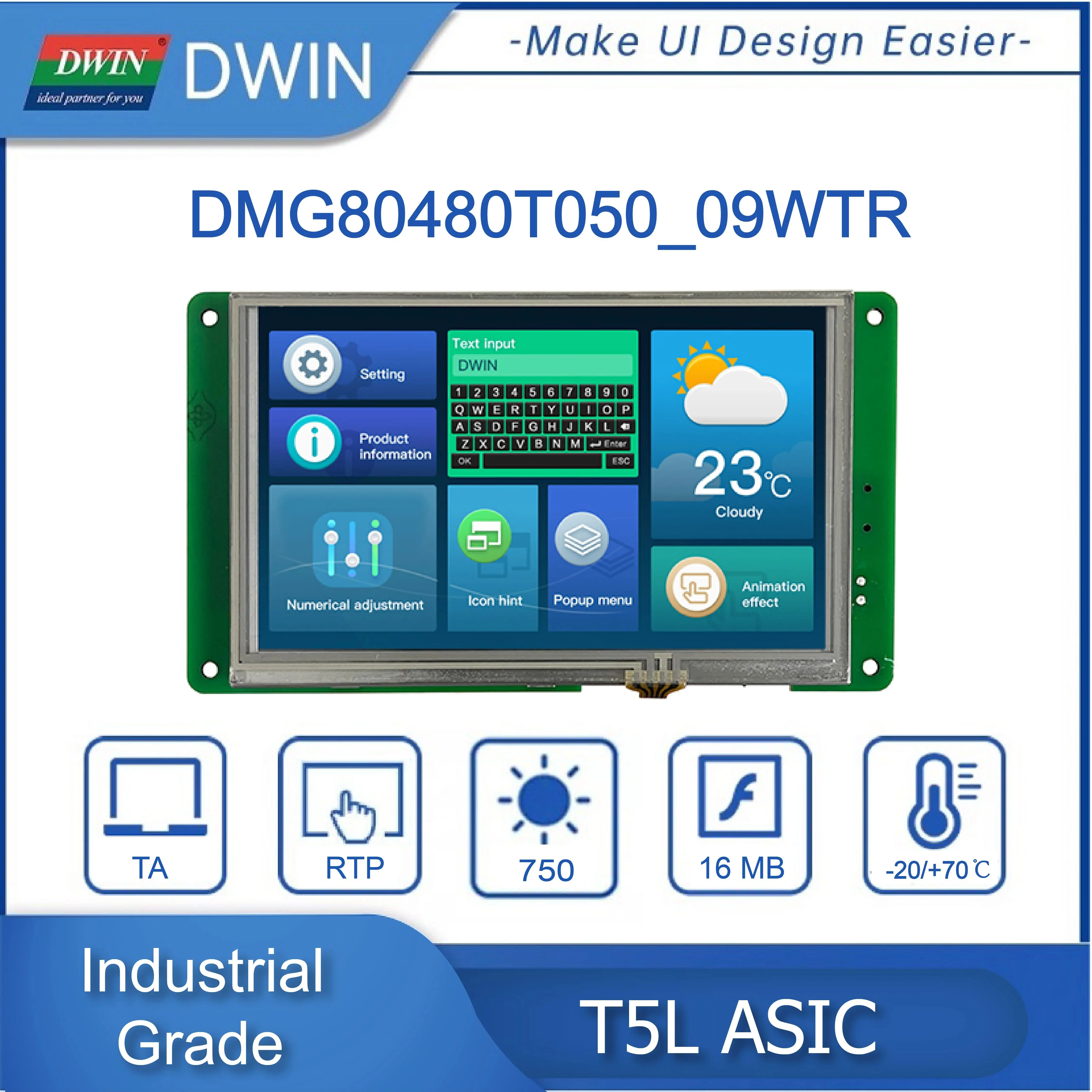 DWIN 5.0 Inch 800*480 HMI TFT LCD IPS Module Capacitive Touch Screen TTL/RS232 UART2/UART4 DMG80480T050_09W(Industrial Grade)
