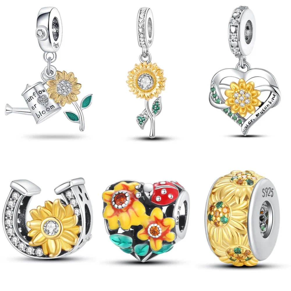 

925 Sterling Silver Golden Sunflowers Heart Series Charms Beads Fit Original Fine Bracelets S925 DIY Jewelry Anniversary Gift