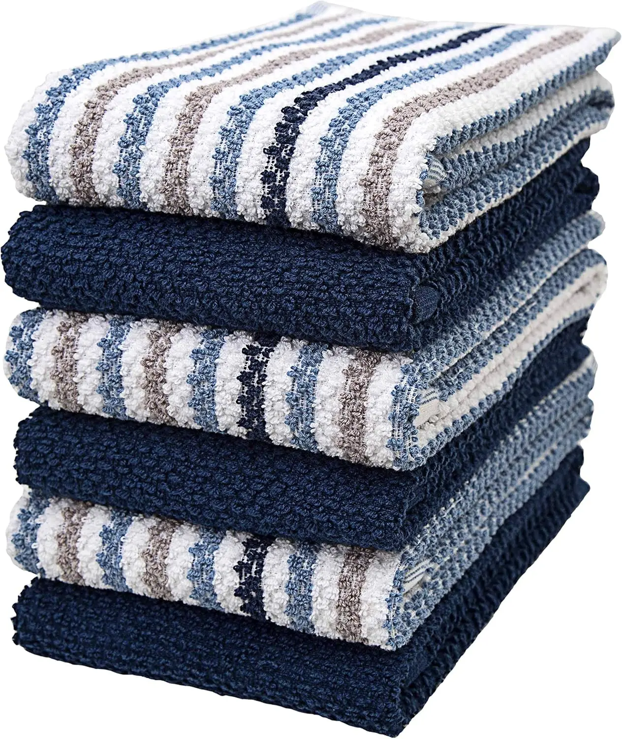 

Premium Cotton Kitchen Towels, 6 Pack, Large Absorbent Dish Towels with Hanging Loop, Blue Popcorn Striped Design