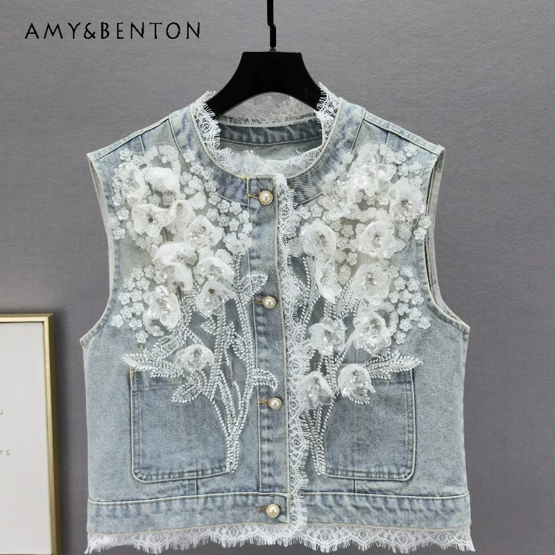 

Heavy Industry Diamond Sequins Design Women's Denim Vests Jacket Spring 2026 New Loose Slimming Retro Sleeveless Vest Ladies