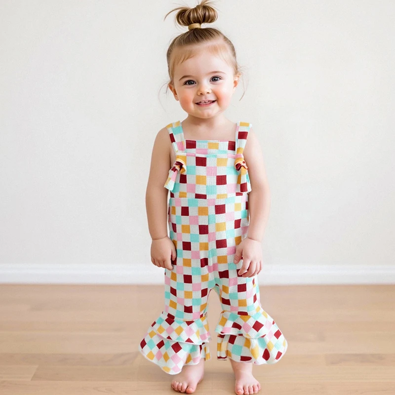 Mono general a cuadros para niñas, elegante traje de pantalones acampanados de verano para uso informal diario