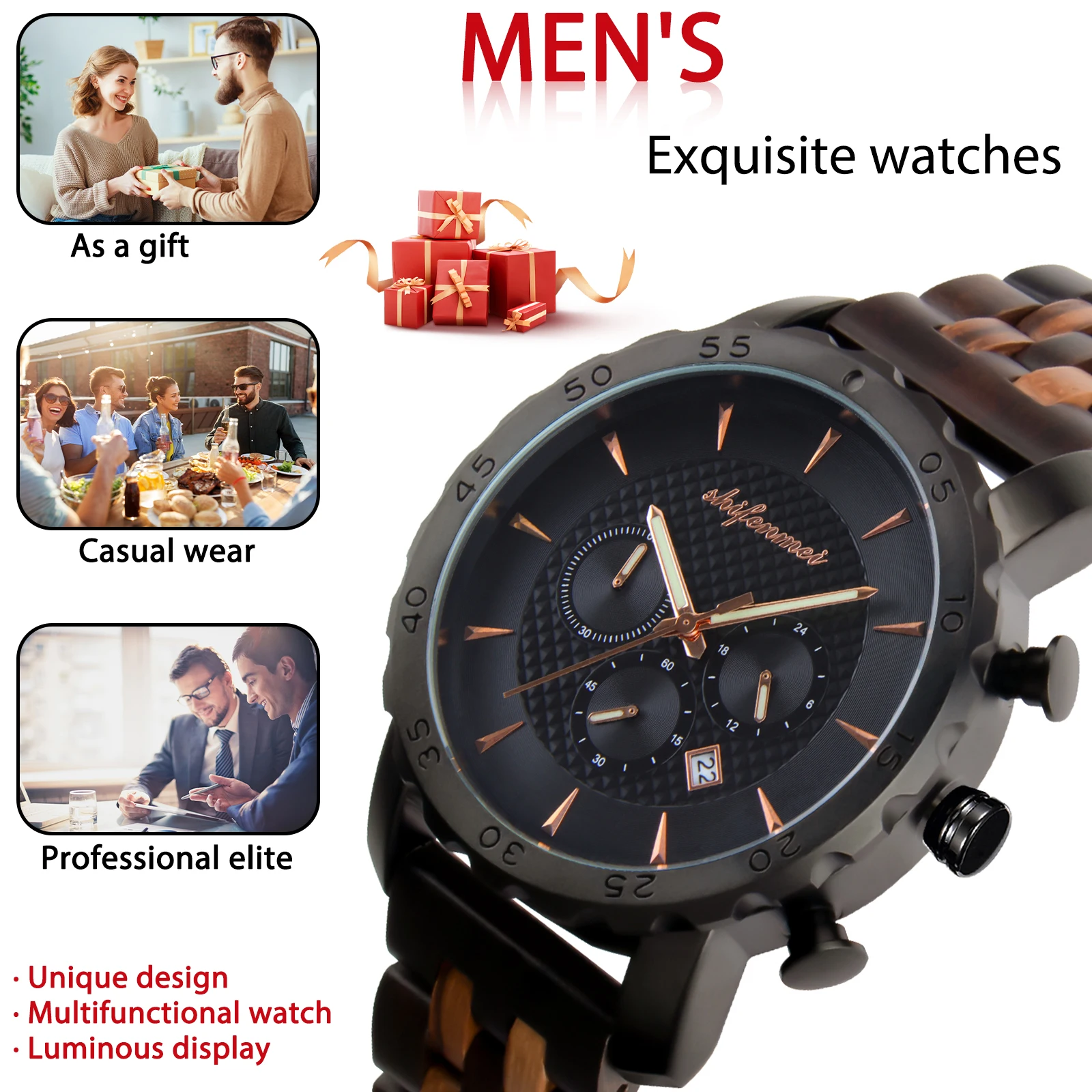 Kity Kiss Luxury Wooden Multifunctional Men's Quartz Watch Multi Time Zone  Waterproof Night Light Watch Exquisite Festival Gift