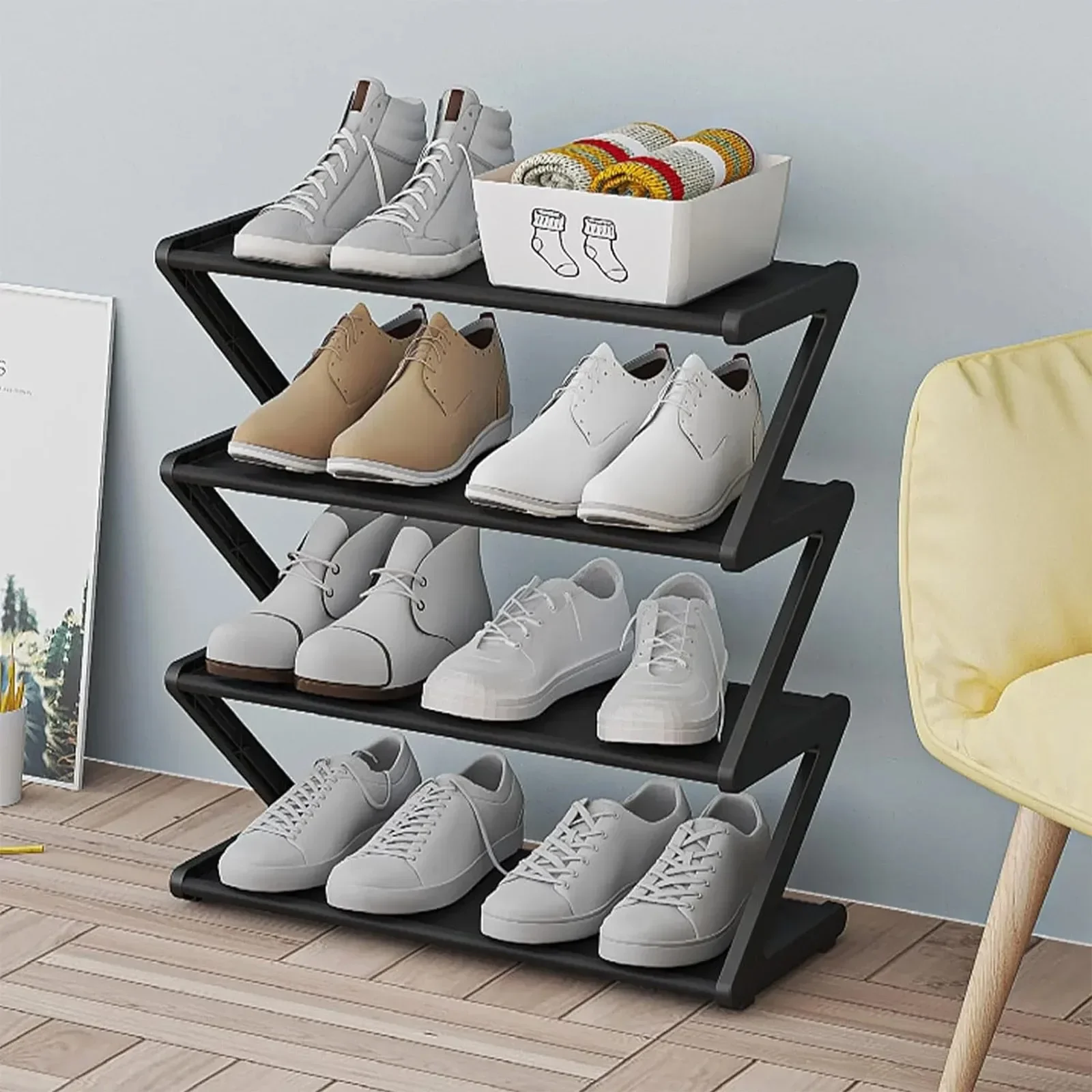 

4-Tier Shoe Rack Modern Hallway Shoe Storage Simple Z-shaped Dust-proof Shoe Rack Free Standing Space Saving for Apartment신발장