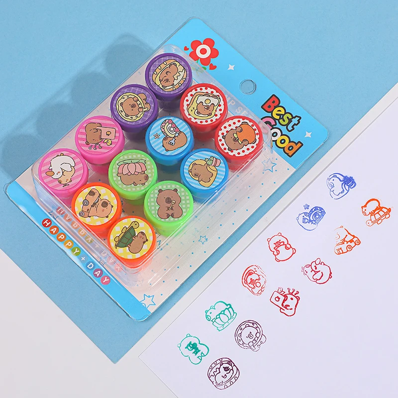 12Pcs/Set Cartoon Kawaii Capybara Self-ink Stamps Cute DIY Painting Photo Album Stamp Children Prize Children Graffiti Toys Gift