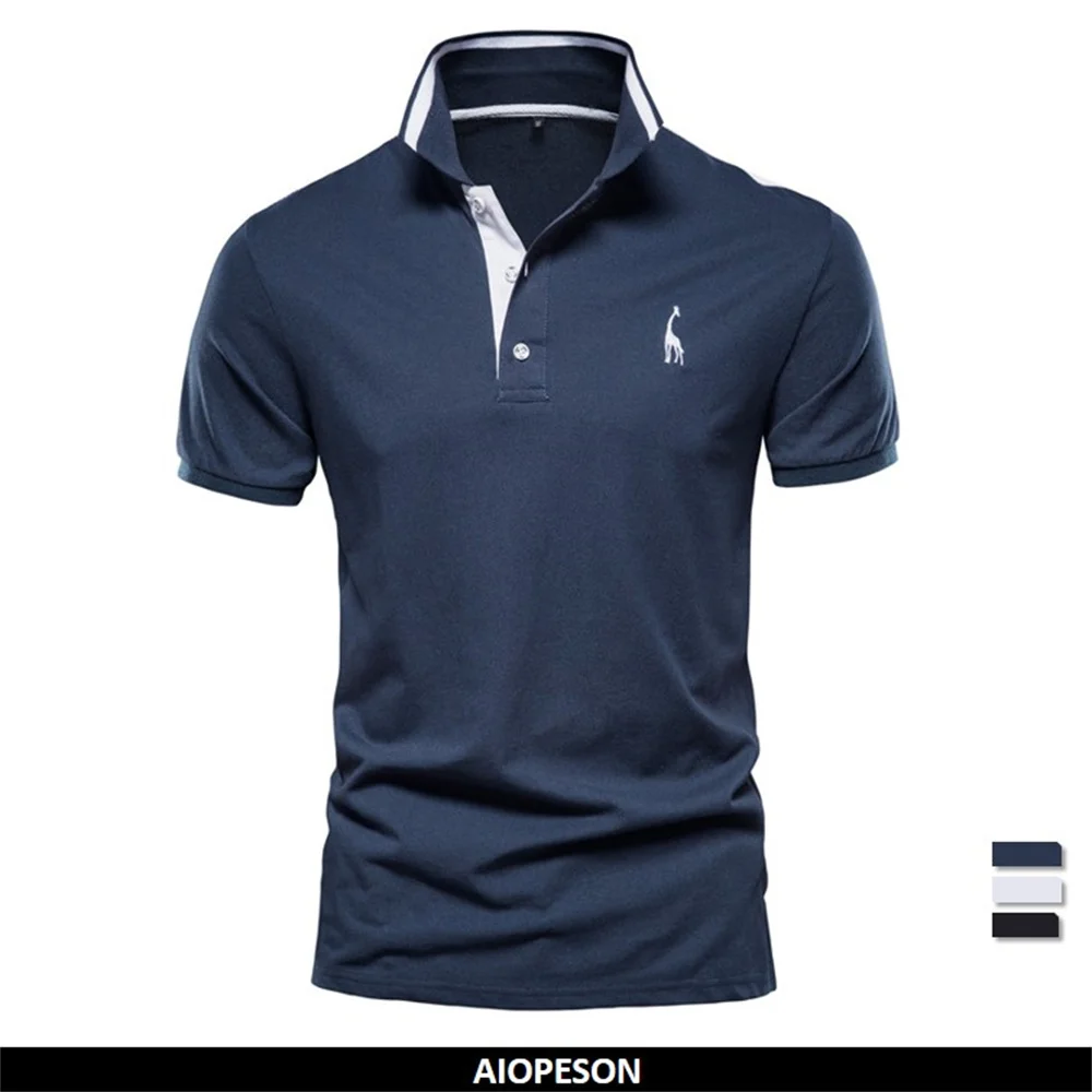 AIOPESON, Polos de algodón para hombre, Polos de manga corta con bordado de jirafa para hombre, Polos de diseño de marca de alta calidad, ropa para hombre
