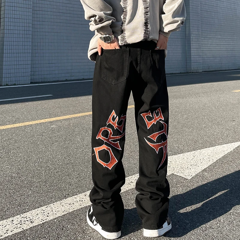 

American Sle Hip Hop Retro High Street Embroidered Jeans Men's Trendy Loose Straight Leg Hiphop Long Trousers Casual Cotton...