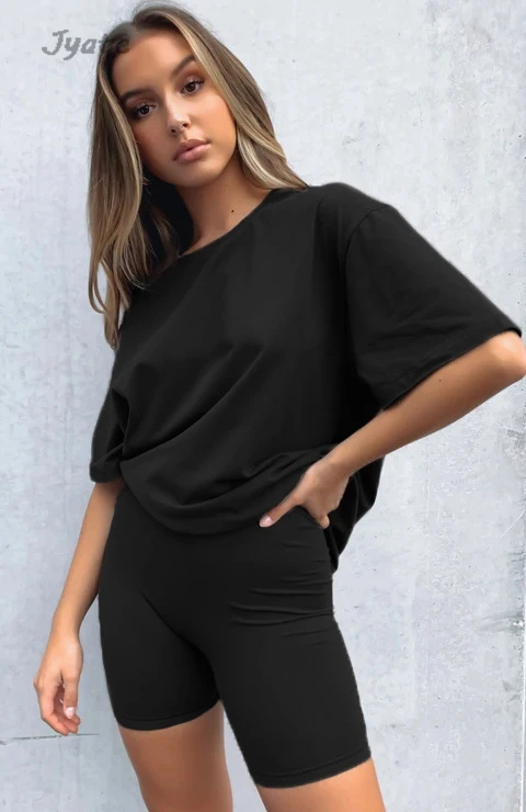 

2024 New Solid Color Loose Tops Trouser Casual Sportwear Two Piece Set Short Sleeve Tee T-shirts And Tight Summer Shorts Set 2pc