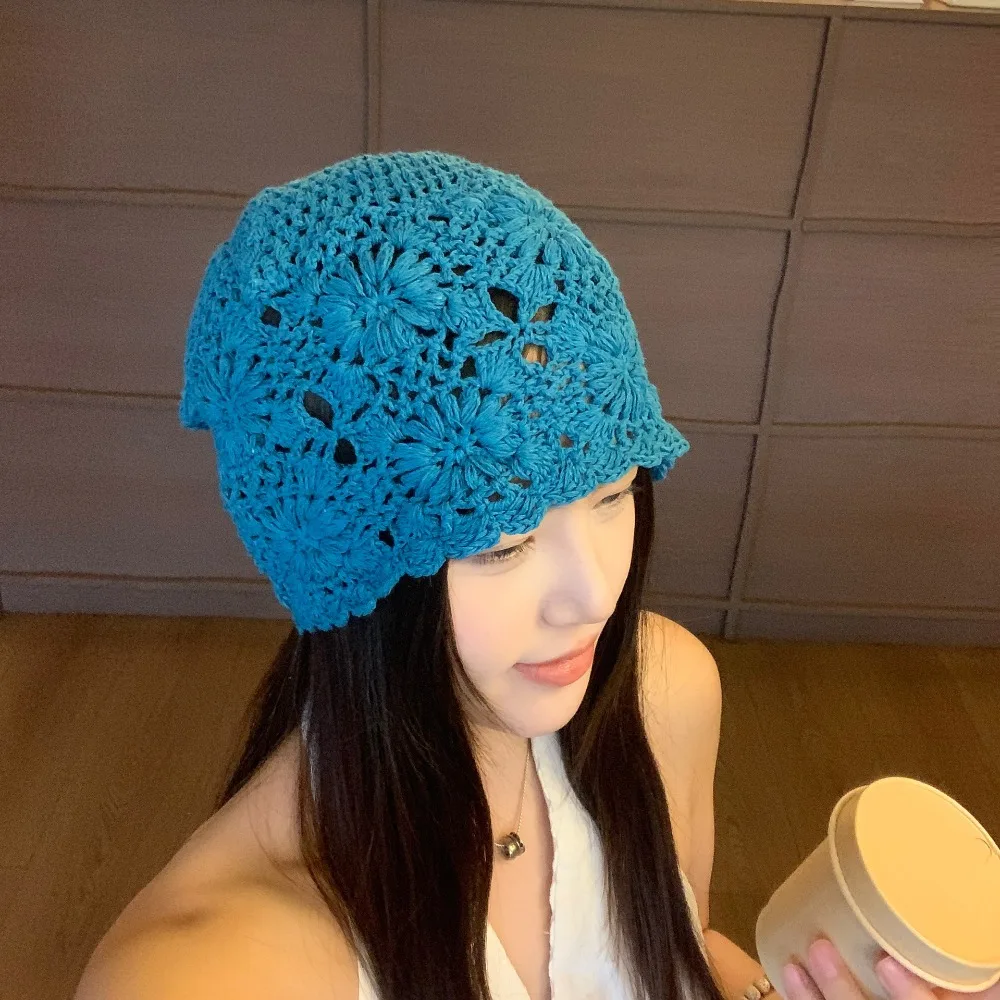

Vintage Bohemian Style Crochet Flower Knitted Hat Thin Handmade Lace Woven Cap Apparel Accessories Korean Knit Cap Girls