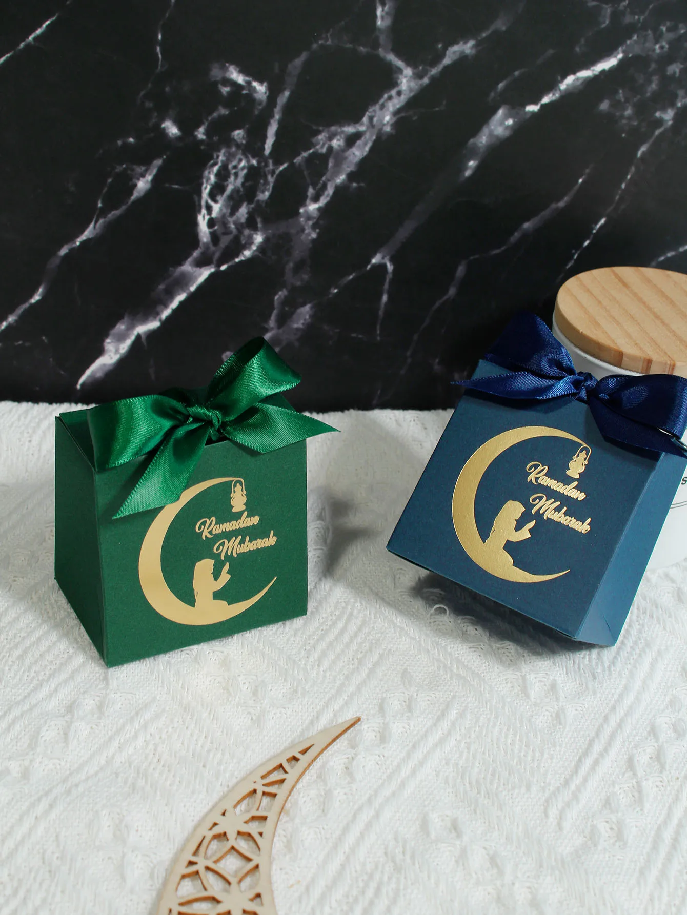 Eid Mubarak Gift Box With Silk Ribbon Ramadan Kareem Candy Chocolate Packaging Bags Muslim Islamic Festival Party Decor