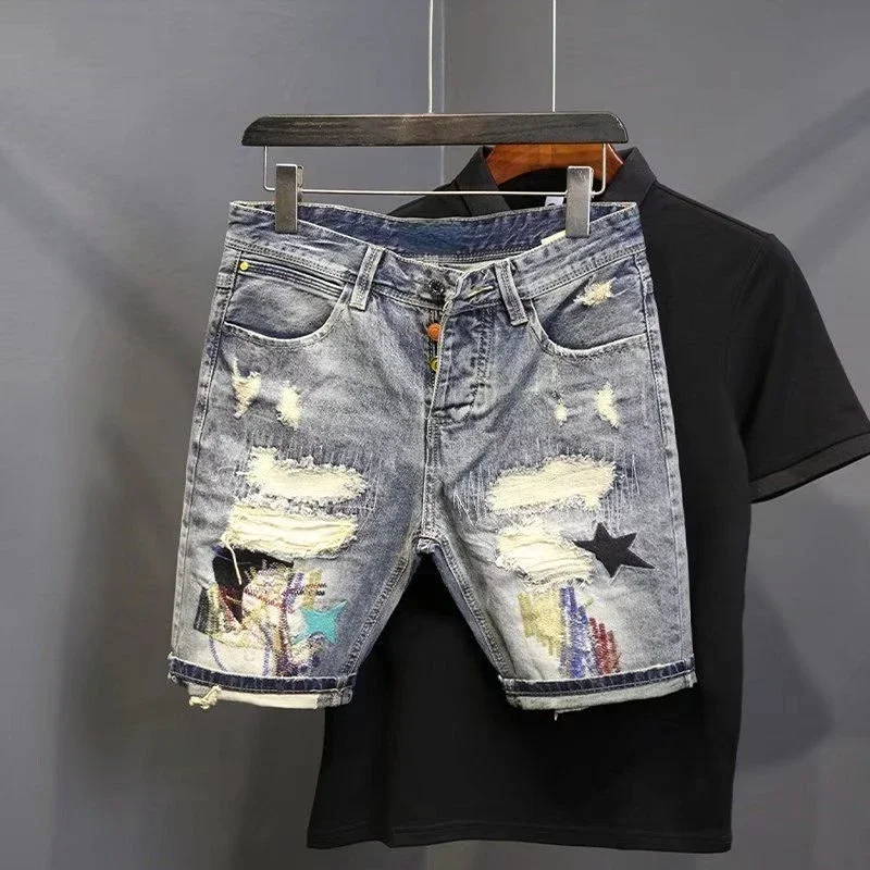 

New tide ripped denim shorts men's summer Korean version trend social spirit guy handsome ins five-point pants medium pants