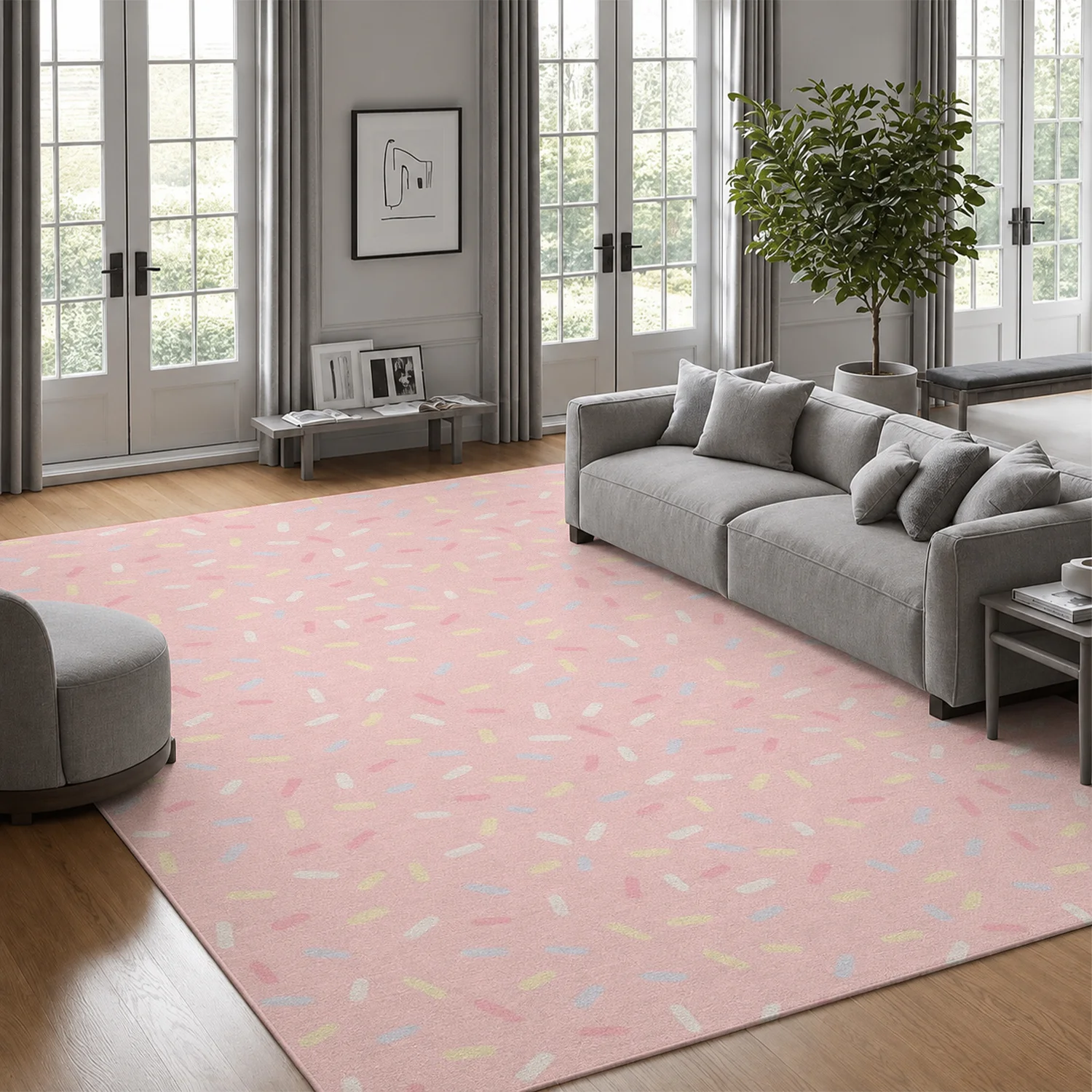 Large Indoor Area Rug, Soft Velvet Low Pile Rug with Non-Slip Dotted Backing, Machine Washable Pastel Pink Confetti Sprinkle Accent Rug for Living Room, Bedroom, Playroom