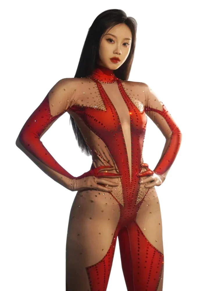 sexy blue pink rhinestones long sleeve jumpsuit women pole club Leotard Dance birthday party DS Singer drag queen Costumes