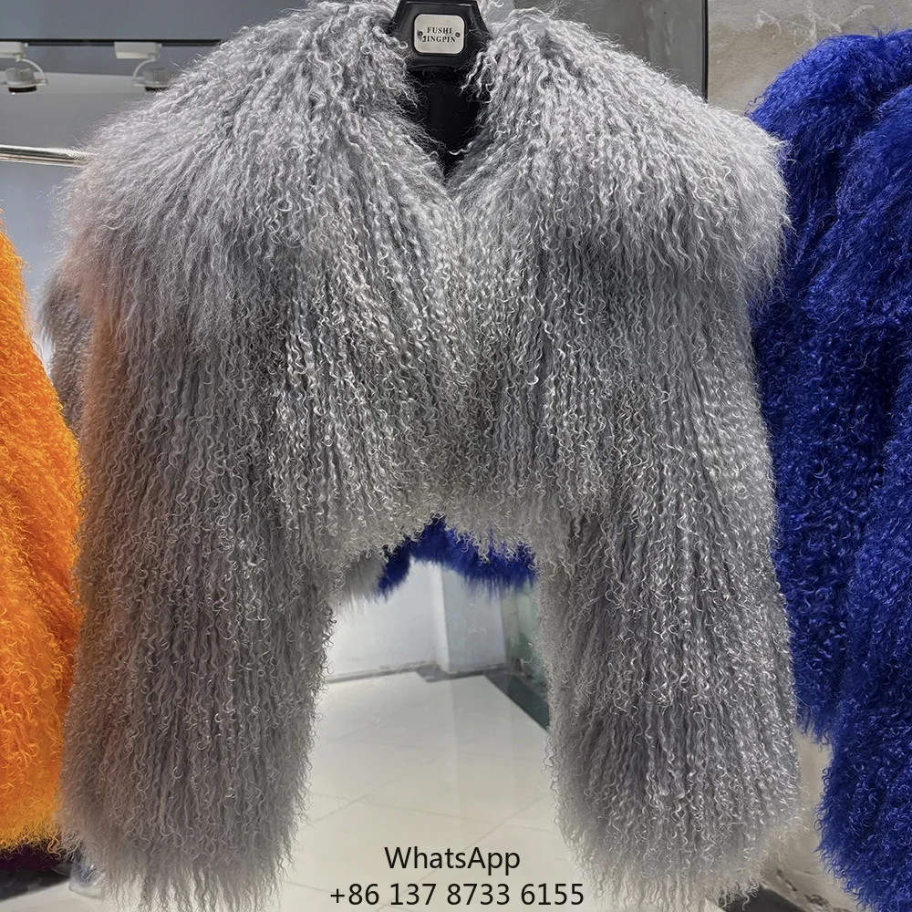 

Женская укороченная шуба из серой овчины с монгольским мехом, оптовая продажа, натуральный мех ягненка