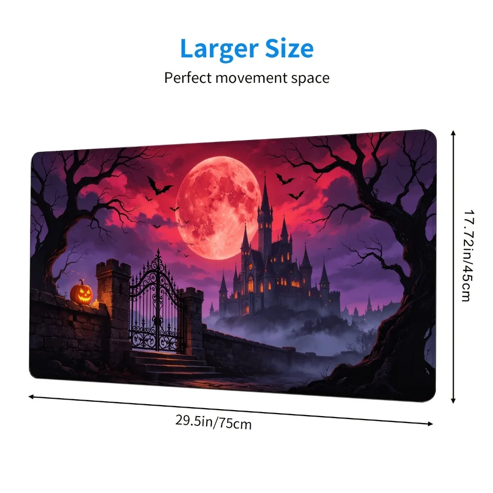 Horrible Blood Moon Witch Castle Large Mouse Pad, Halloween Pumpkin Lantern Bat Decorative Table Mat tapis de souris