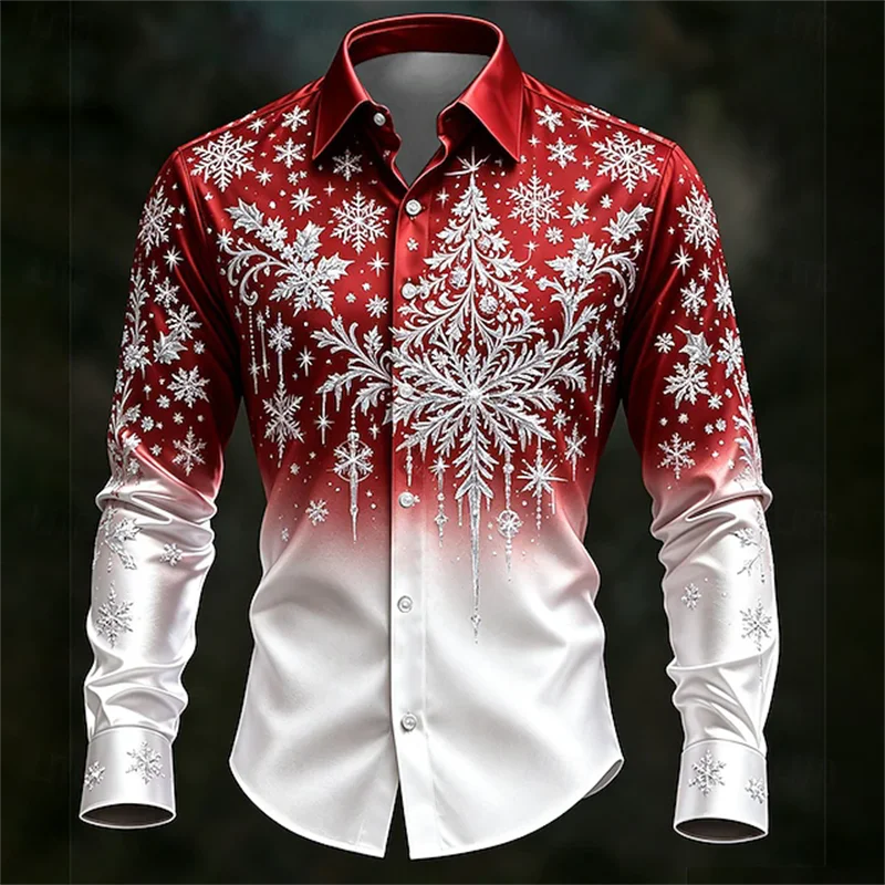 New shiny Christmas men's shirt with red and white gradient snowflake ice decoration printed long sleeved shirt