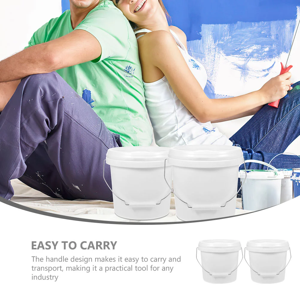 2 Pcs White Pp Buckets 4 Liter with Lid Heavy Hand-held Iron Multi-functional Paint Storage Round Outdoor Color Mixing