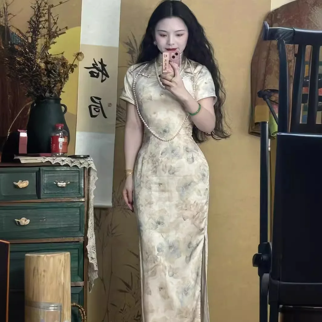 Women's Satin Cheongsam Improved Chinese Style Dress Flower Print Qipao Long Elegant Vestidos Sexy Split Dressing Gown