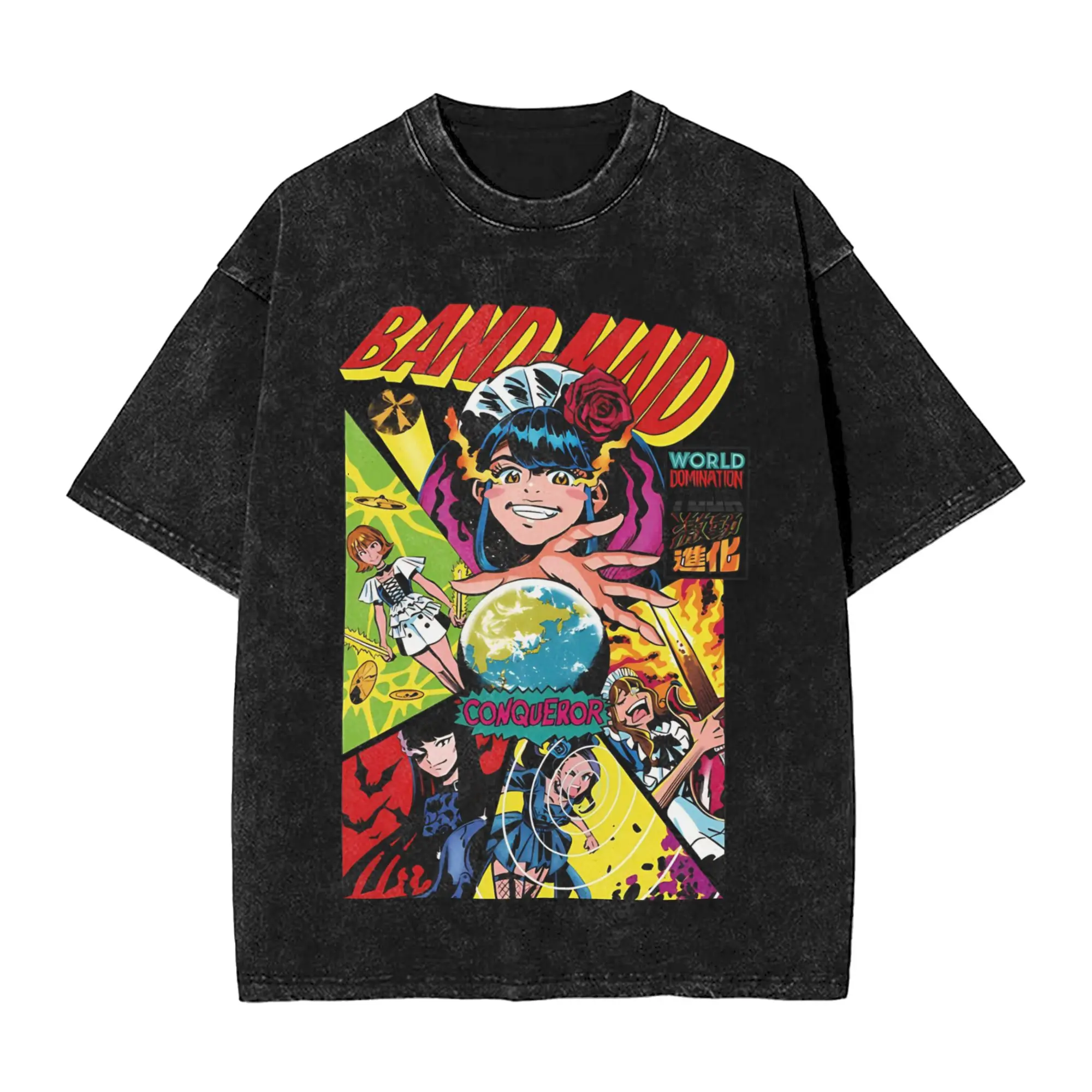 Band-Maid World Domination T Shirt Hip Hop Washed Short Sleeve Harajuku T-Shirt  Vintage Men Women Tops Streetwear Graphic Tees