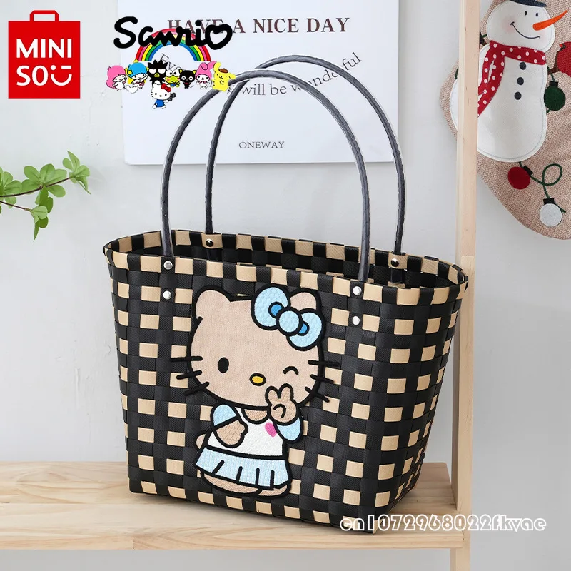 HelloKitty New Women\'s Woven Bag Fashionable High Quality PVC Women\'s Handbag Cartoon Large Capacity Multi Functional Beach Bag