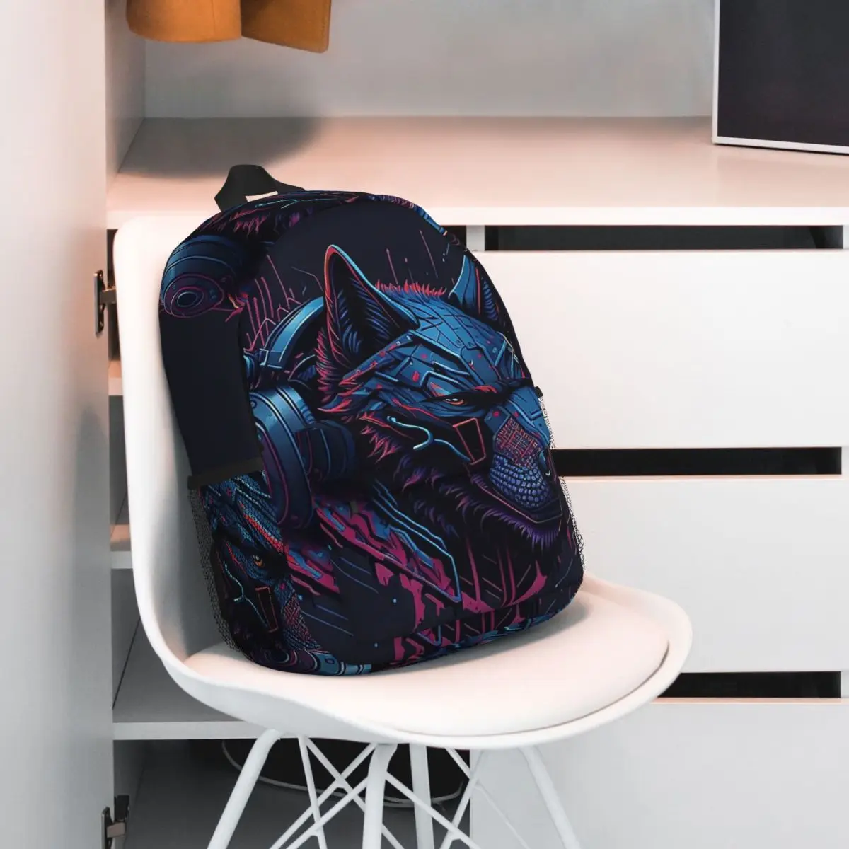 Neon Graffiti Wolf With Headphone Backpack Student BookBag Kids School Bag Laptop Shoulder Bags for Boys Girls