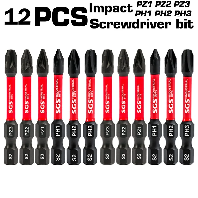 12-Piece Set of Strong Magnetic Impact Screwdriver Bits, S2 Steel, Ph1/2/3, Pz1/23, 50mm Screwdriver Bits, Home Repair Kit