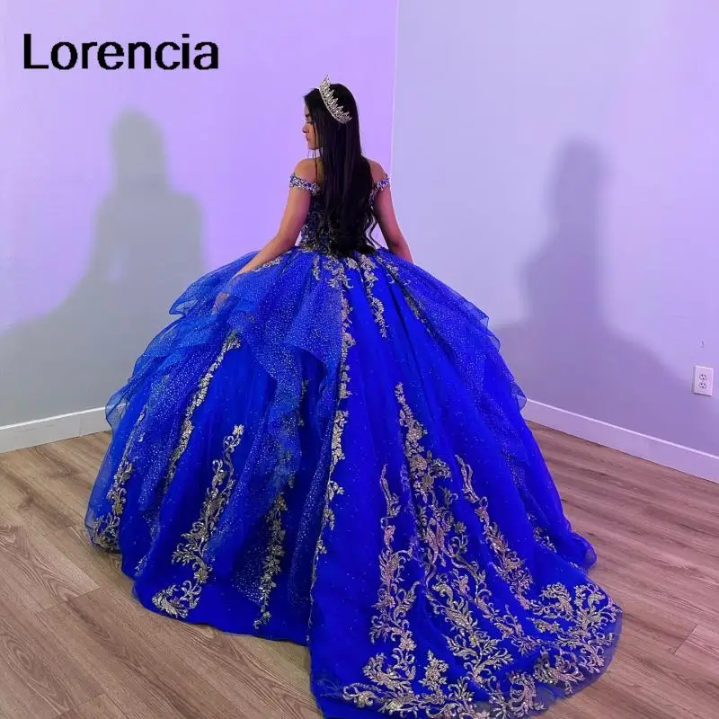 Gaun putri lorensia biru Royal Quinceanera korset ruffle manik-manik Applique renda emas manis 16 Vestidos De 15 aduduk YQD592