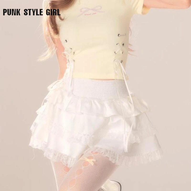 2024 90s Coquette Y2k Lace Skirt Women Kawaii Summer White High Waist Layered Ruffles Patchwork Cute Sexy Mini Skirt Soft Girl