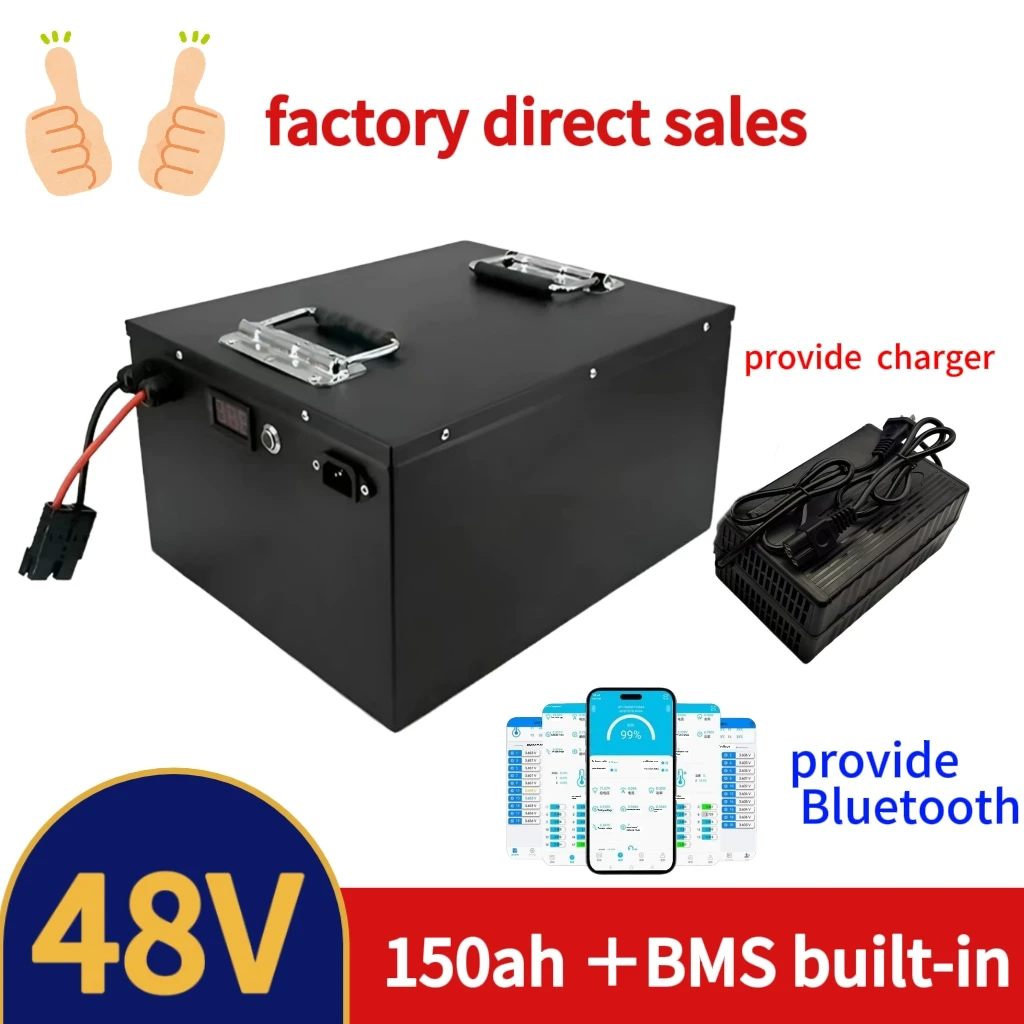 

Водонепроницаемый Lifepo4 48 В 150 Ач аккумулятор Bluetooth BMS для скутера 4800 Вт, велосипеда, гольф-кар, солнечная энергия + зарядное устройство 10 А