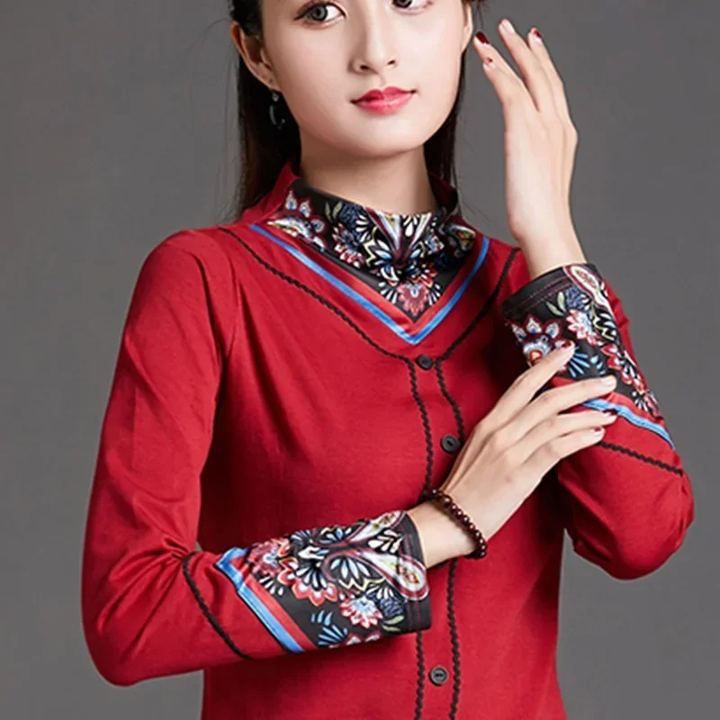 بلوزة تقليدية ريترو السيدات الياقة المدورة خمر تي شيرت سليم أنيق الصينية شيونغسام القمم للنساء FF247 MN1