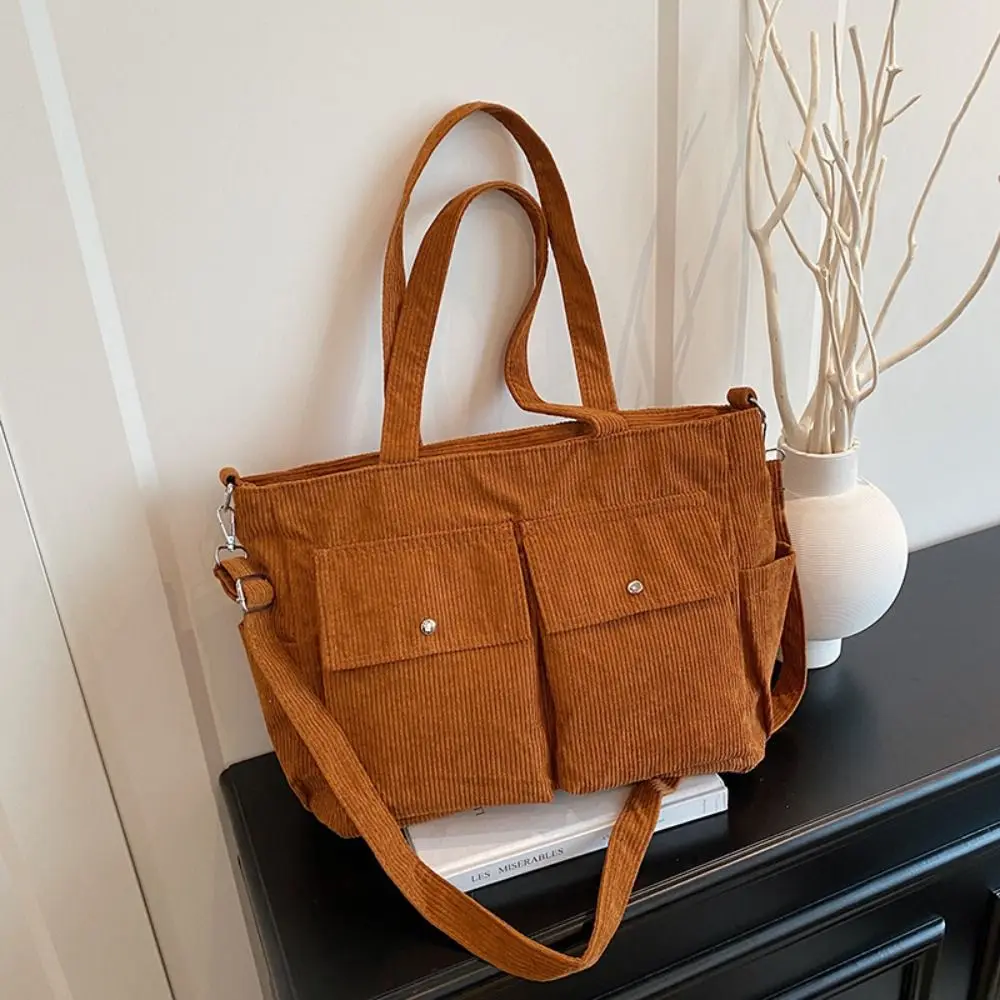 Large Capacity Corduroy Tote Bag Vintage Elegant Multi-pocket Shoulder Bag Pure Color Handbag Casual Underarm Bag