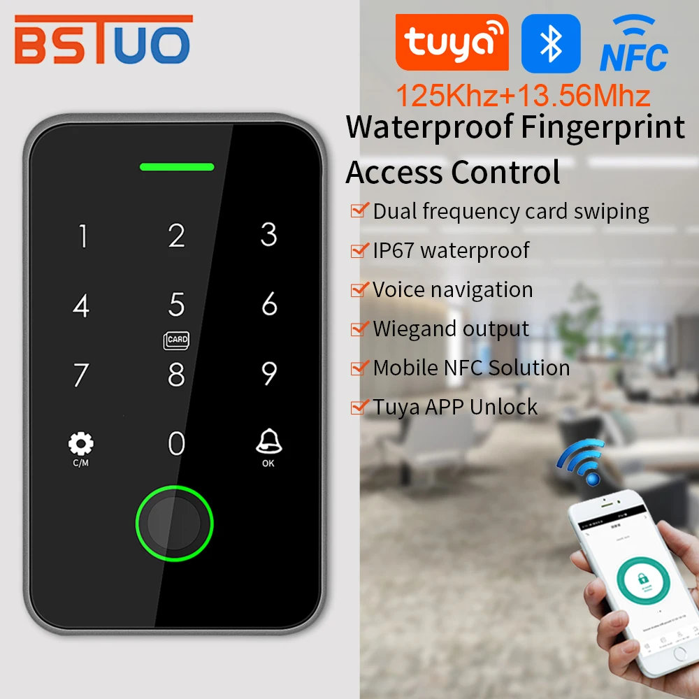 

NFC Bluetooth Tuya APP Подсветка Touch 13,56 МГц RFID-ключи Контроль доступа Клавиатура Открывалка дверного замка Выход Wiegand IP66 Водонепроницаемый