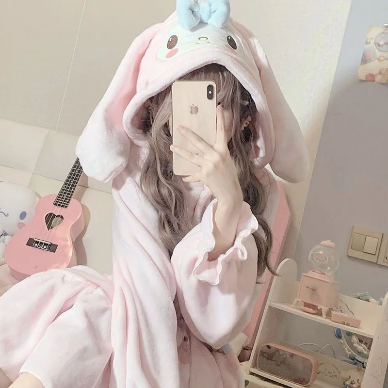 Kawaii Sanrio Onesie My Melody Pajama Miniso Autumn Winter Long Plush Velvet Padded Coral Beautiful Nightgown Holiday Gift