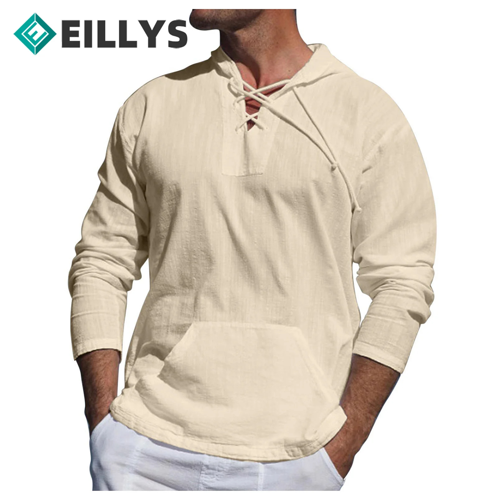 Men Hooded Linen Shirts Long Sleeve Breathable Men\'s Baggy Casual Linen Shirts Solid Color Linen Shirts Mens Lace Up Collar Tops