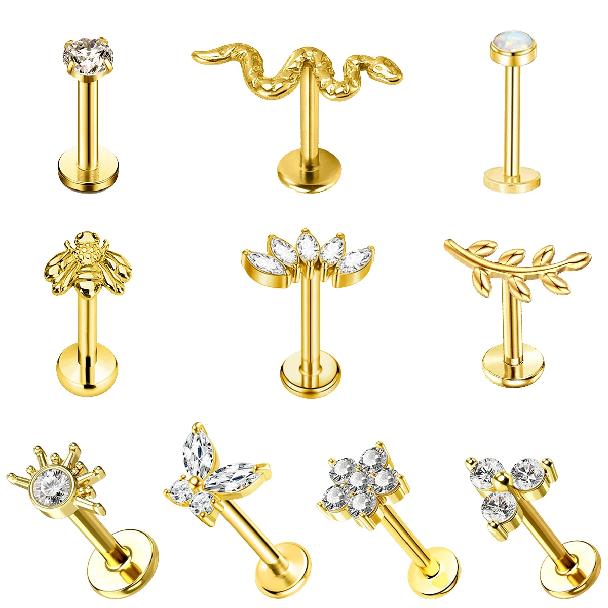 10Pcs 316 Surgical Steel Tragus Piercing Lip Stud Earring,18K Gold Internally Threaded Cartilage Jewelry image 6