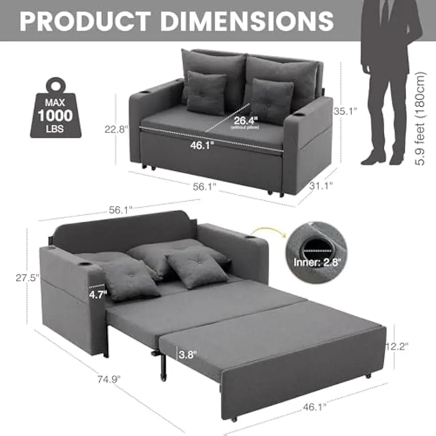 3 in 1 Sleeper Sofa Bed, 56 Inch Convertible Loveseat Sofa, Pull Out Couch Bed with Storage Pockets, Cup Holders,