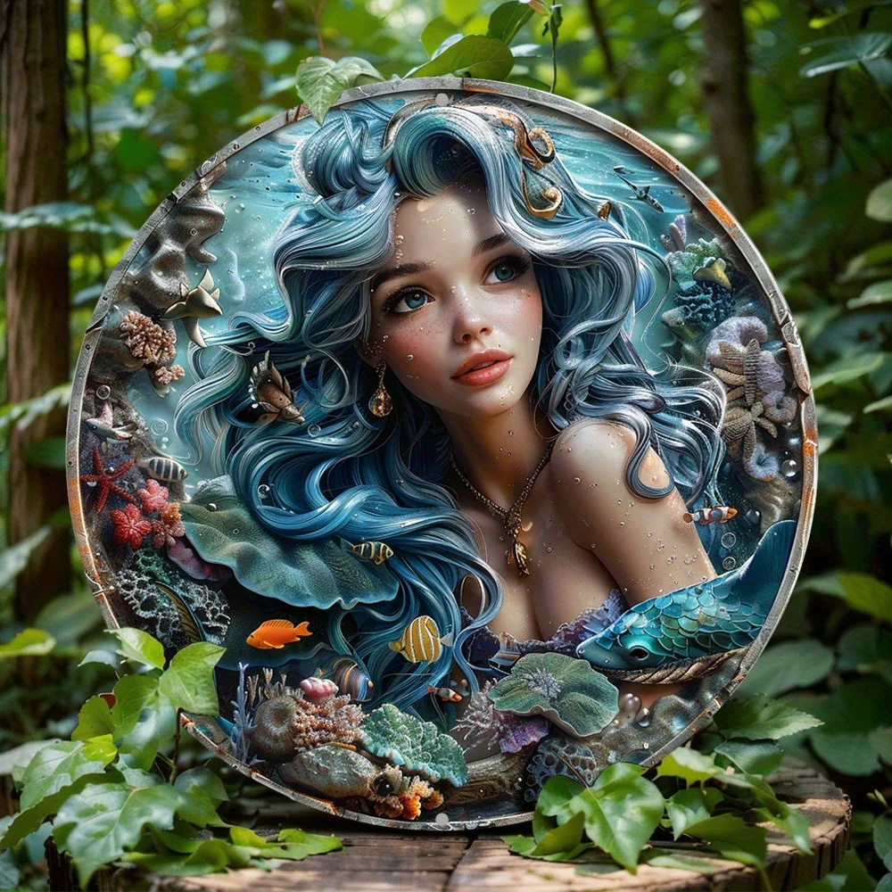 3D Round Metal Aluminum Sign Art Ocean Mermaid Decorative Plates Entrance Gift Mask Theme For Bar Club Home Room Wall Decor