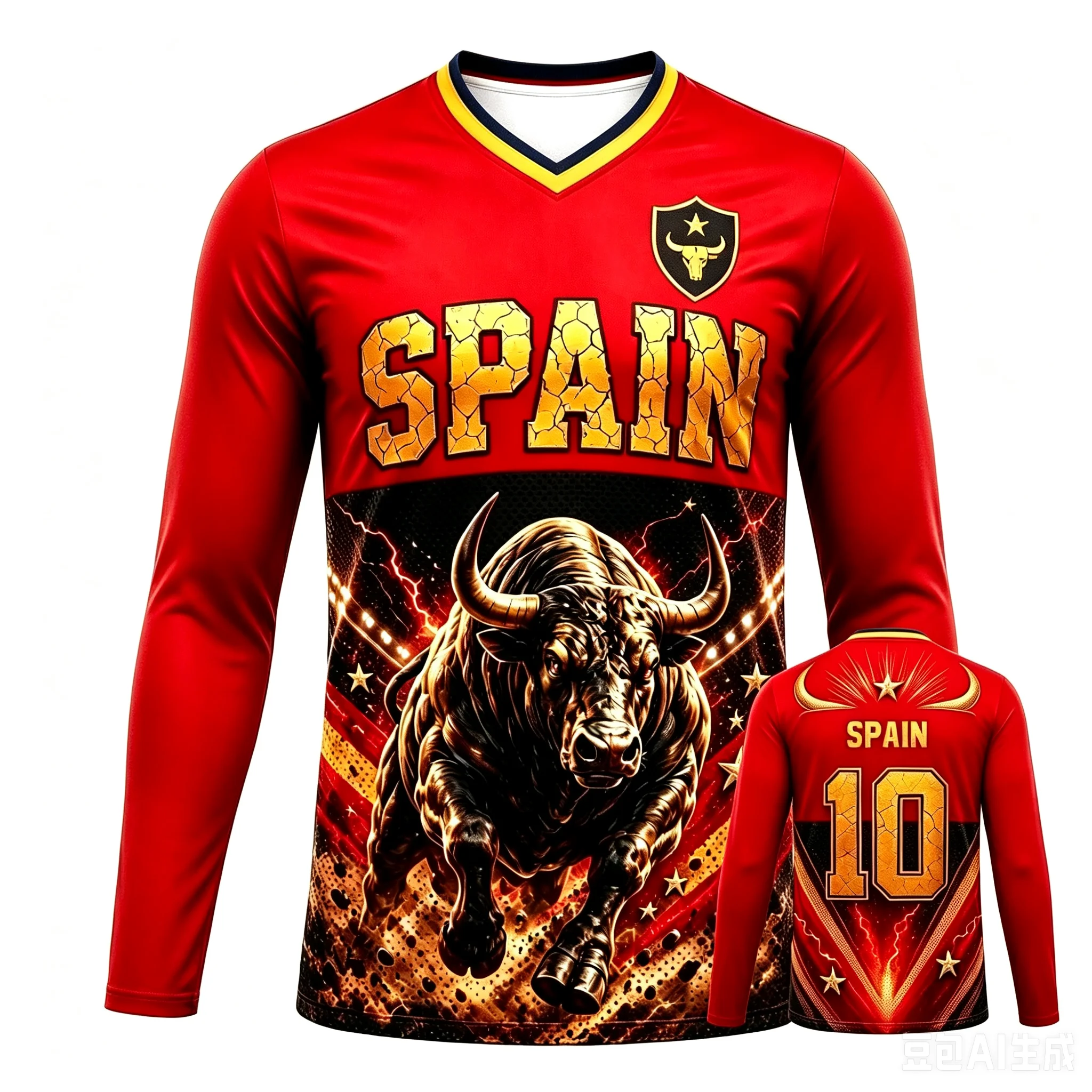Summer Men Spain Bull 3D Soccer Jersey No.10 SPAIN Graphic Long Sleeve TShirt Quick Dry Breathable Sports Training Tee