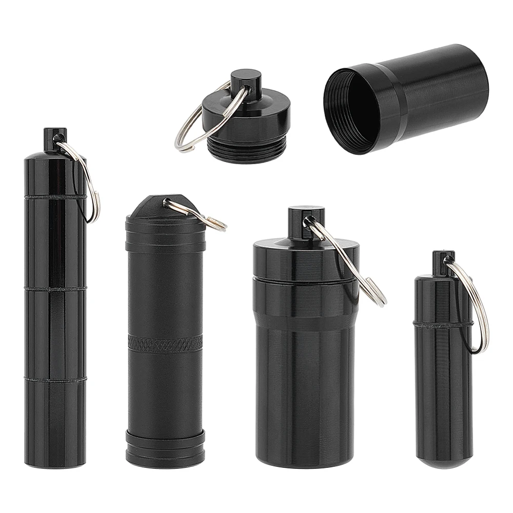 4pcs Black Aluminium Alloy Detachable Small Multi-use Box Waterproof and Smell Proof Metal Tube with Iron Key Ring Container