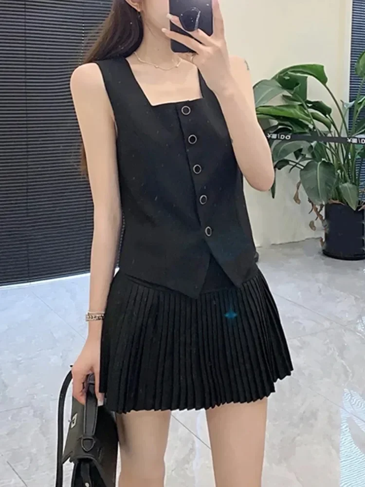 New Korean Fashion Two Piece Set Women Square Collar Sleeveless Vest Top + Hig Waist Pleated Skirts Women\'s Suit Y2k
