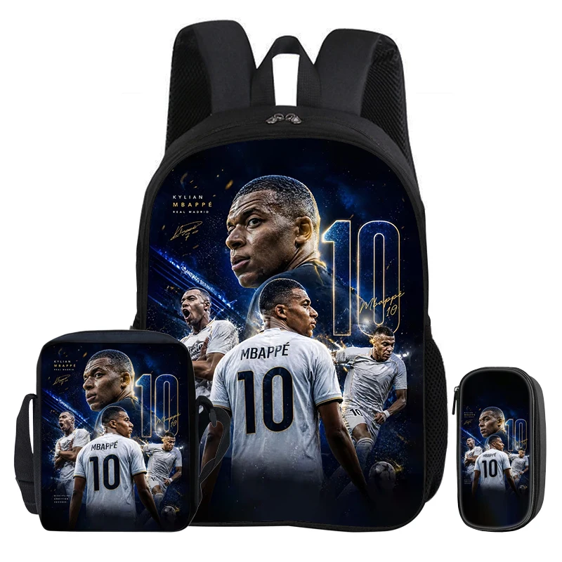 Mochila M-Mbappe 3 Peças: Mochila, Bolsa de Ombro e Estojo - Estrela do Futebol, Mochila Infantil Esportiva, Presente para Crianças
