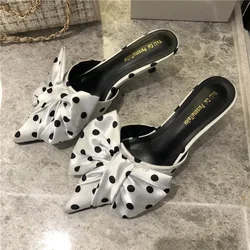 2024 Spring Pointed Toe Stiletto Heel Kitten Heels Bow Heel-Free Slippers for Women