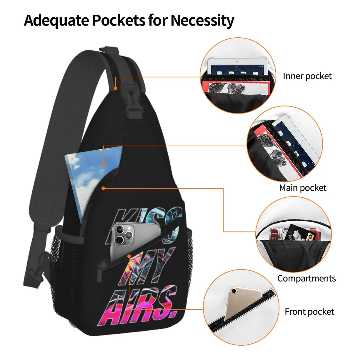 Kiss My Airs Sneaker Head Lover Basketball Chest Bag Men Sling Crossbody Backpack Chest Bag Travel Hiking Daypack Shoulder Bag