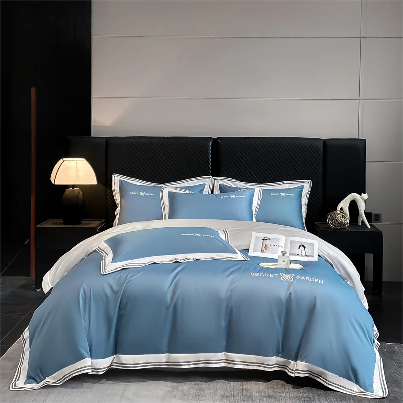 Butterfly Embroidery Bedding Set 100% Cotton Blue Grey Twill Duvet/Quilt Cover Bed Sheet Pillowcases Solid Color Bedclothes