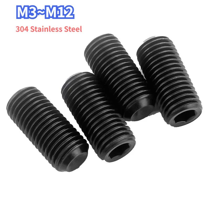 10pcs M3 M4 M5 M6 M8 M10 M12 DIN916 Black 304 Stainless Steel Hex Socket Set Screws Concave Grub Screw