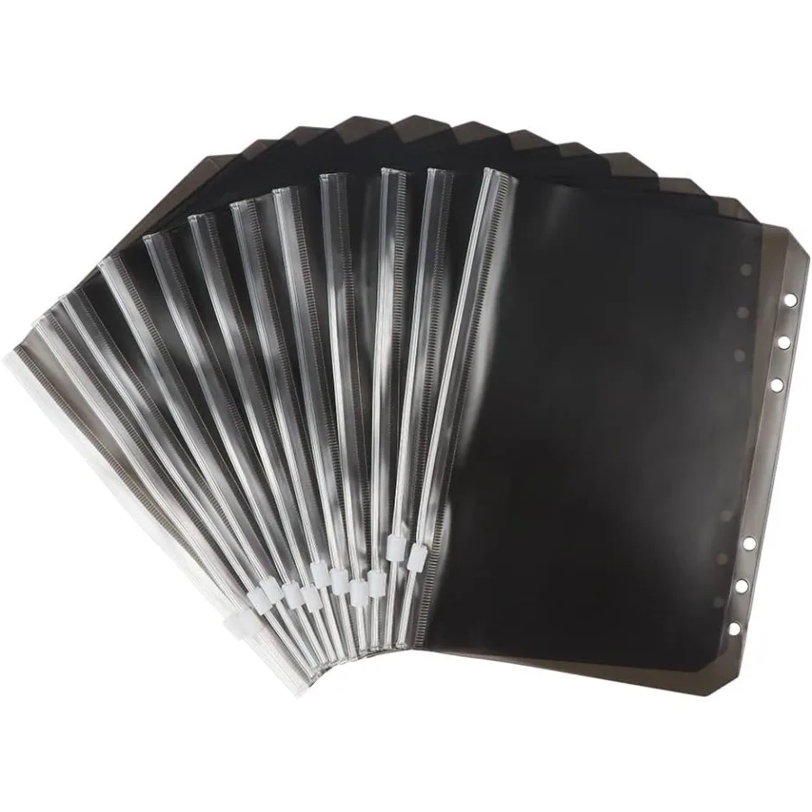 Kieszenie do segregatora A5, czarne, z zamkiem błyskawicznym, przezroczyste koperty budżetowe z PVC, 12 sztuk, 6 otworów, torby do przechowywania dokumentów do segregatora.